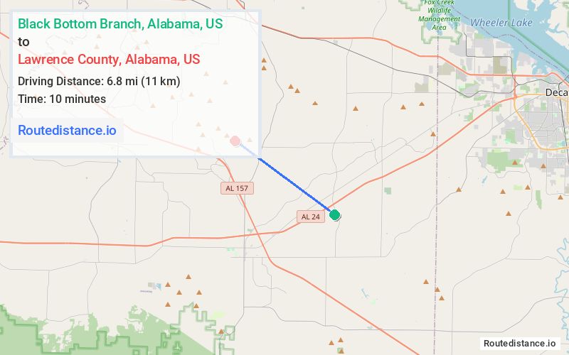 Route map from Black Bottom Branch to Lawrence County