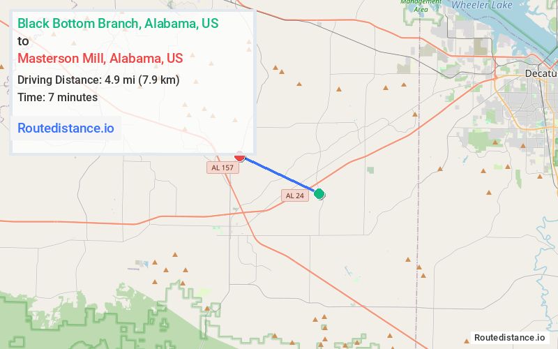 Route map from Black Bottom Branch to Masterson Mill