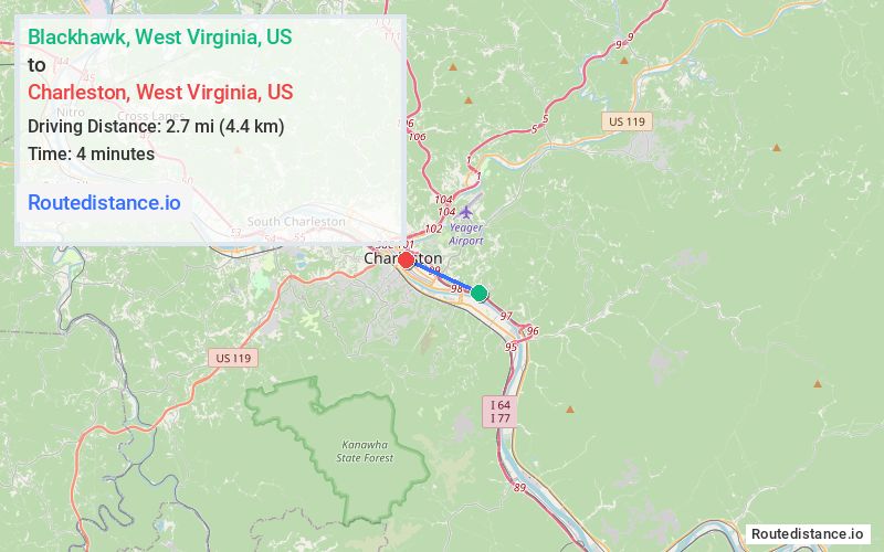 Route map from Blackhawk to Charleston