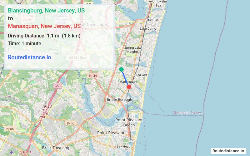 Route map from Blansingburg to Manasquan