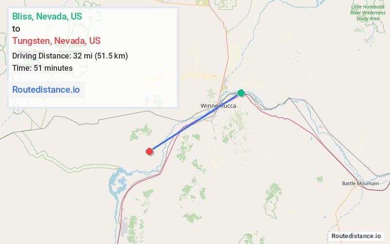 Route map from Bliss to Tungsten