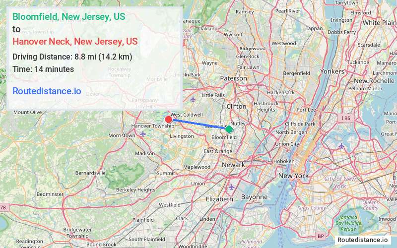 Route map from Bloomfield to Hanover Neck