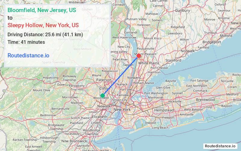 Route map from Bloomfield to Sleepy Hollow
