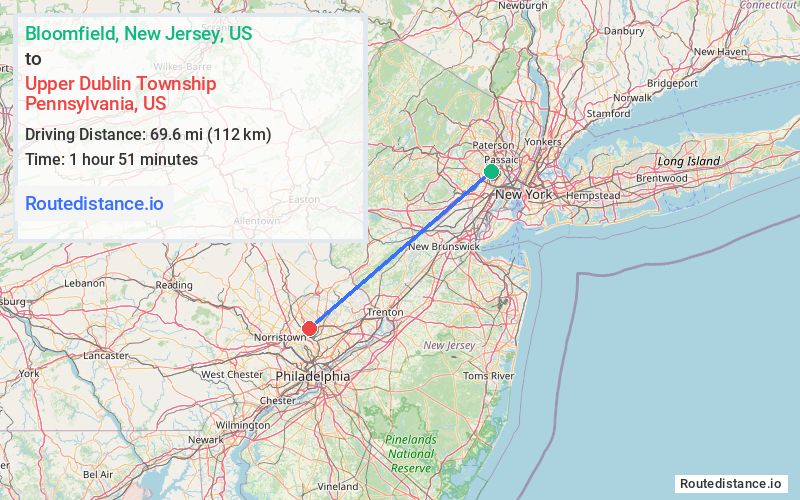 Route map from Bloomfield to Upper Dublin Township