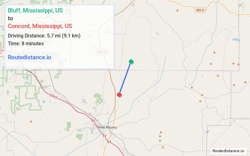 Route map from Bluff to Concord