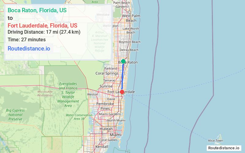 Route map from Boca Raton to Fort Lauderdale