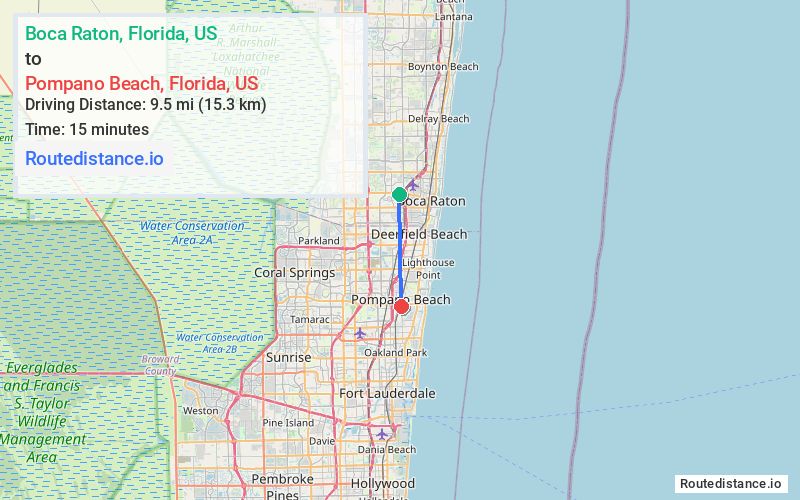 Route map from Boca Raton to Pompano Beach