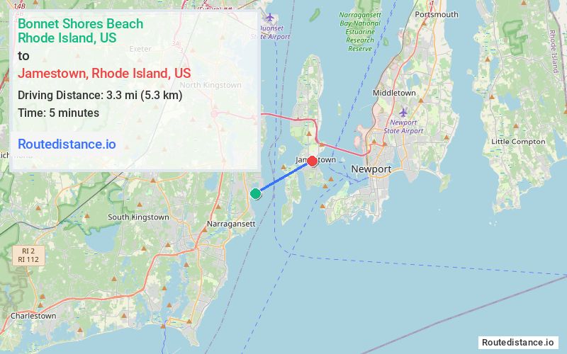 Route map from Bonnet Shores Beach to Jamestown