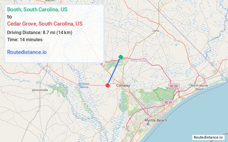 Route map from Booth to Cedar Grove