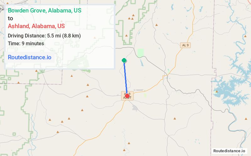 Route map from Bowden Grove to Ashland