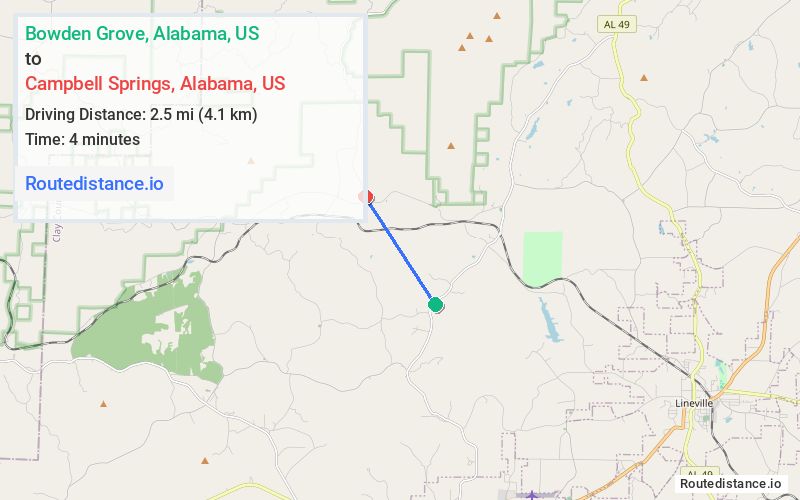 Route map from Bowden Grove to Campbell Springs