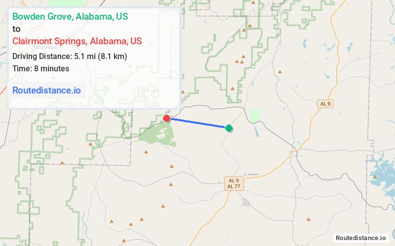 Route map from Bowden Grove to Clairmont Springs