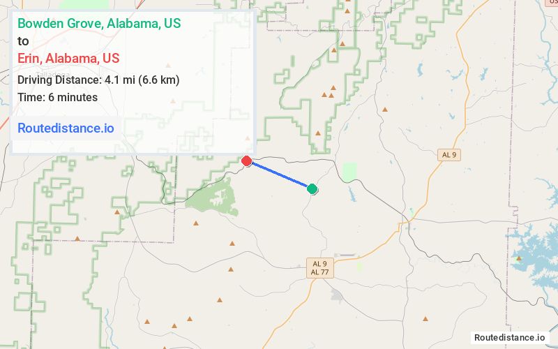 Route map from Bowden Grove to Erin