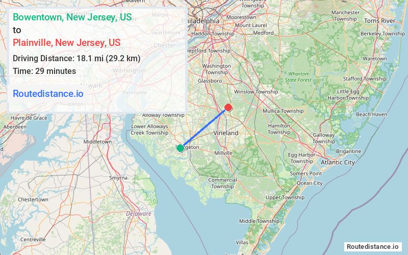 Distance from Bowentown to Plainville