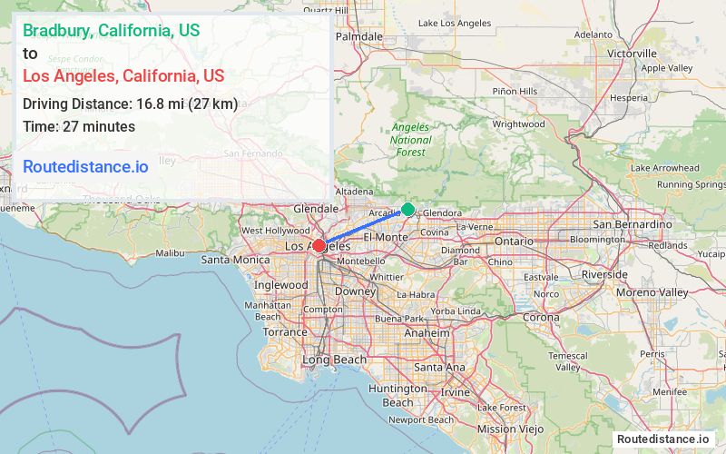 Route map from Bradbury to Los Angeles