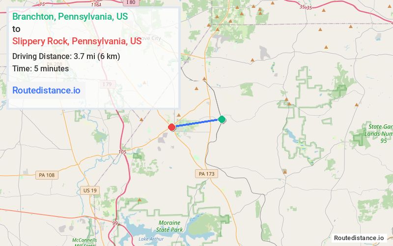 Route map from Branchton to Slippery Rock