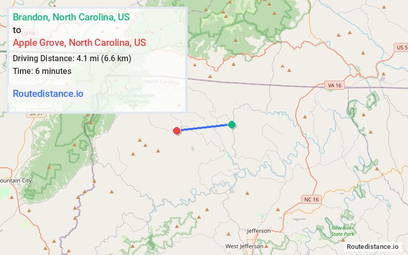 Route map from Brandon to Apple Grove