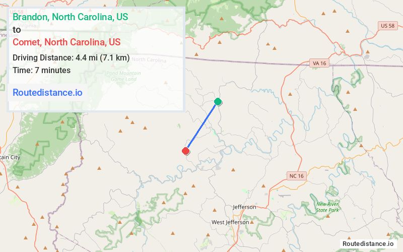 Route map from Brandon to Comet