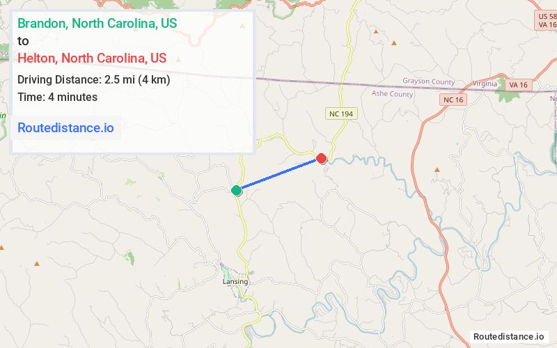 Route map from Brandon to Helton