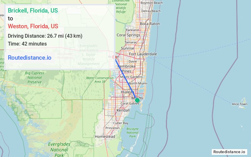 Route map from Brickell to Weston