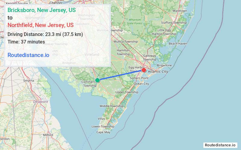 Route map from Bricksboro to Northfield