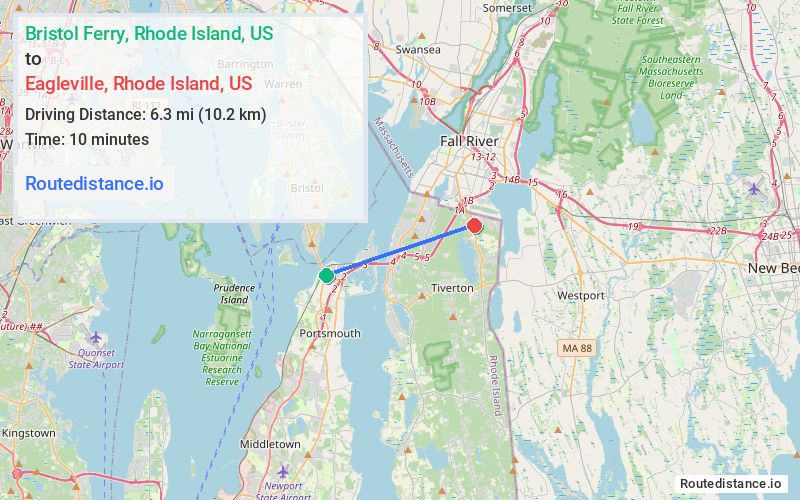 Route map from Bristol Ferry to Eagleville