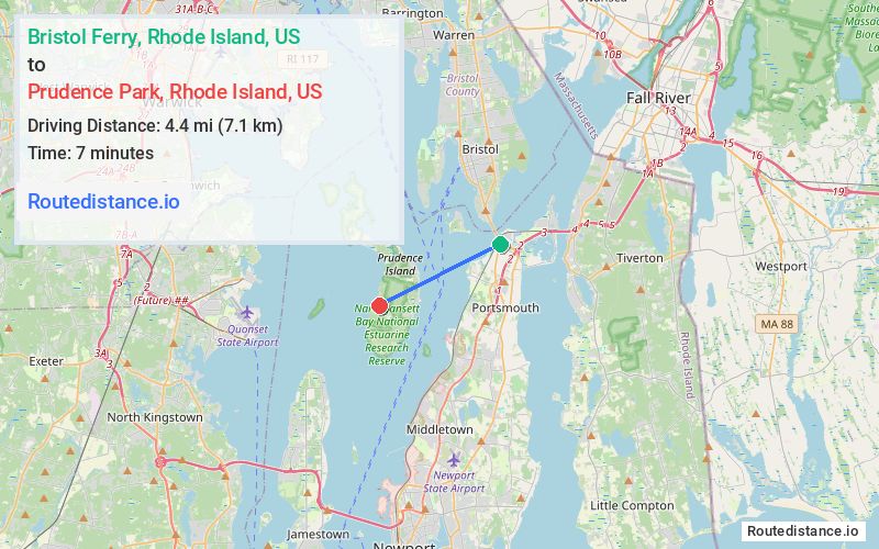 Route map from Bristol Ferry to Prudence Park