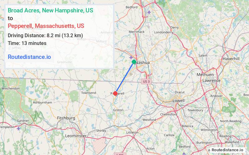 Route map from Broad Acres to Pepperell