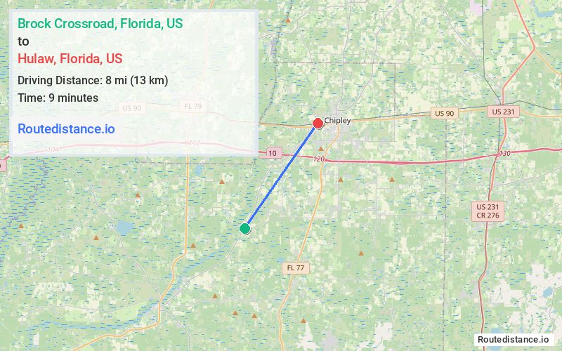 Route map from Brock Crossroad to Hulaw
