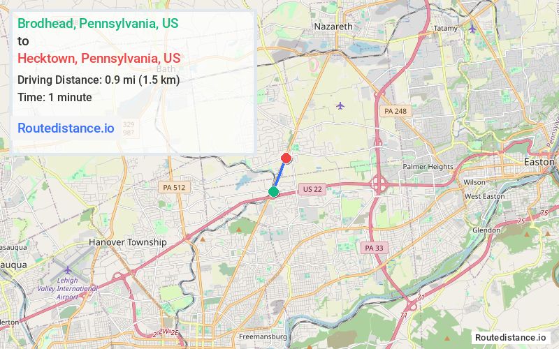 Route map from Brodhead to Hecktown