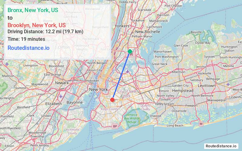 Route map from Bronx to Brooklyn