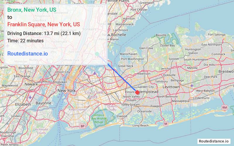 Route map from Bronx to Franklin Square
