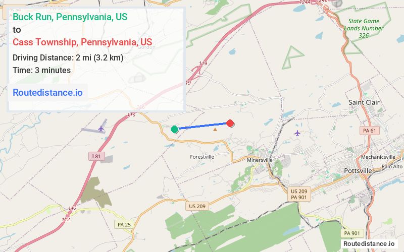 Route map from Buck Run to Cass Township