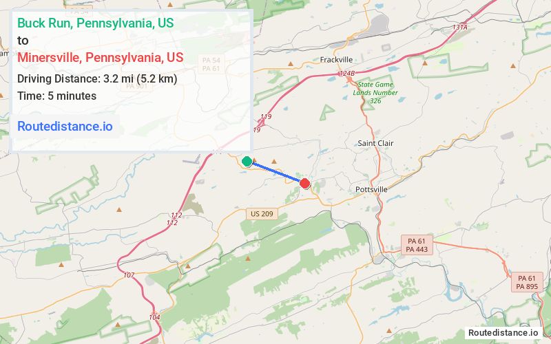 Route map from Buck Run to Minersville