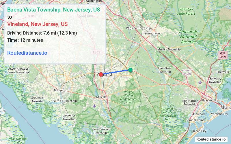Distance from Buena Vista Township to Vineland