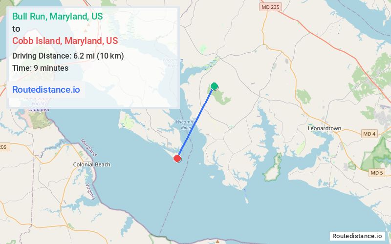 Route map from Bull Run to Cobb Island
