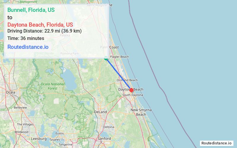 Distance from Bunnell to Daytona Beach
