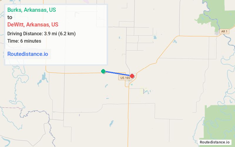 Route map from Burks to DeWitt