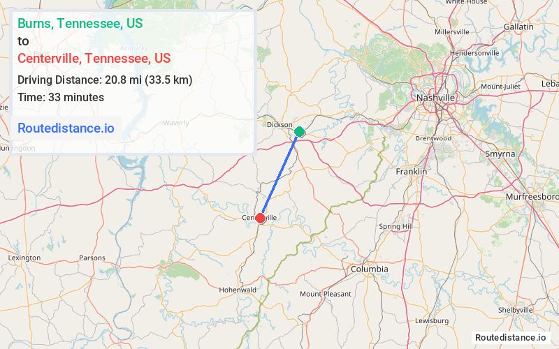 Route map from Burns to Centerville