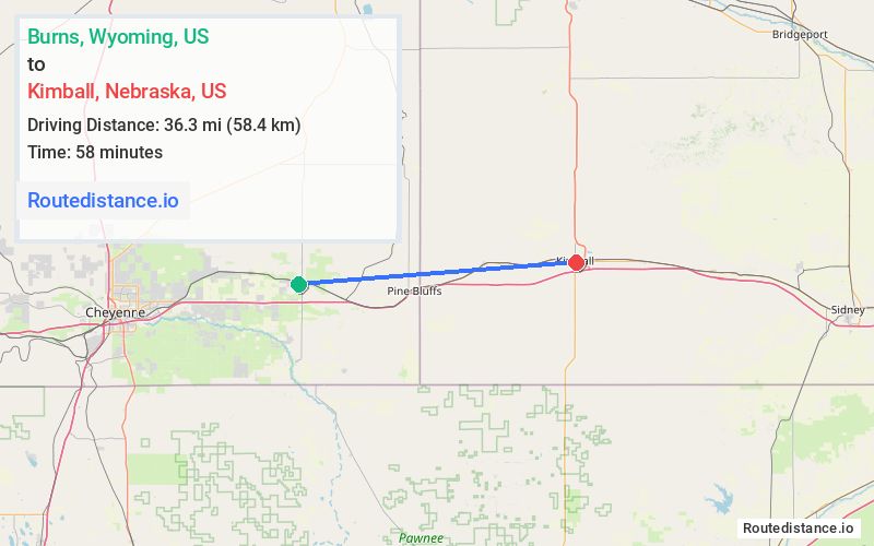 Route map from Burns to Kimball