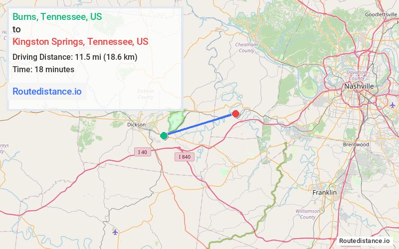 Route map from Burns to Kingston Springs