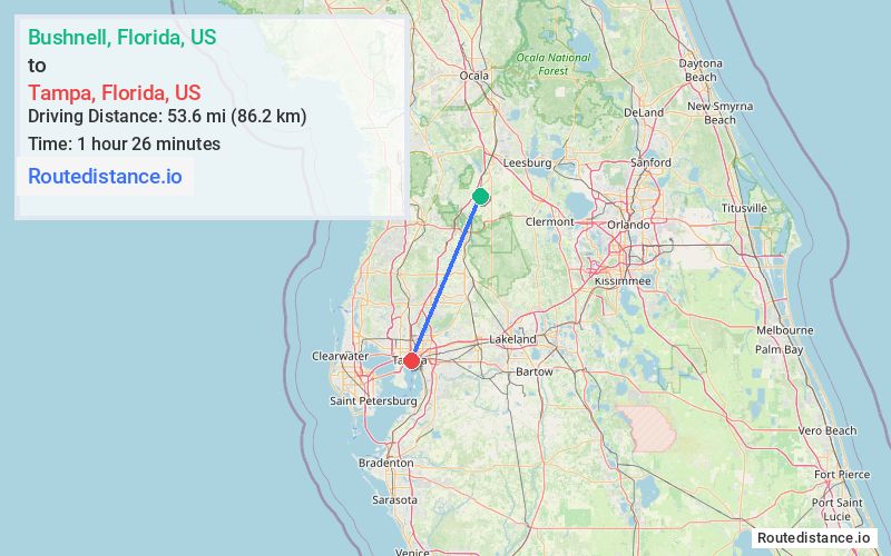 Route map from Bushnell to Tampa