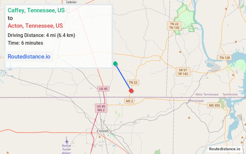 Route map from Caffey to Acton
