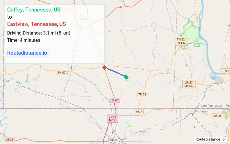 Route map from Caffey to Eastview