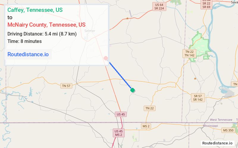 Route map from Caffey to McNairy County