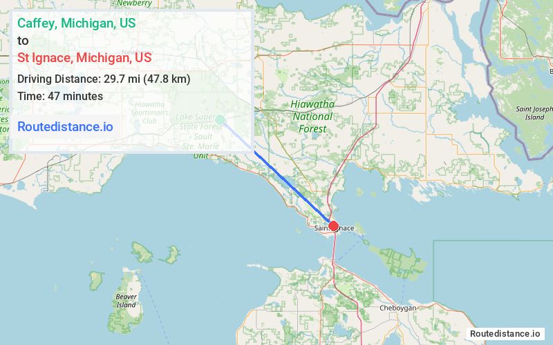 Route map from Caffey to St Ignace