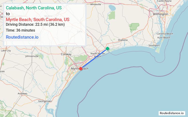 Route map from Calabash to Myrtle Beach