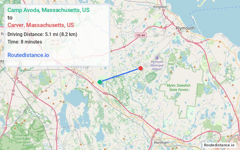 Route map from Camp Avoda to Carver