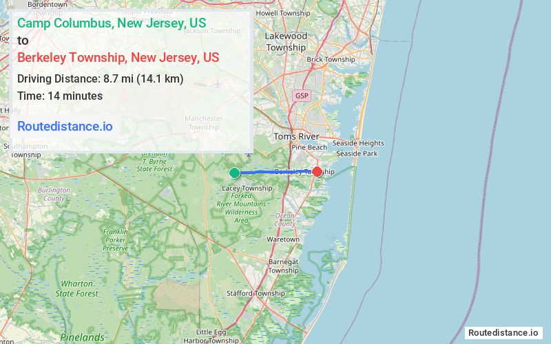 Route map from Camp Columbus to Berkeley Township