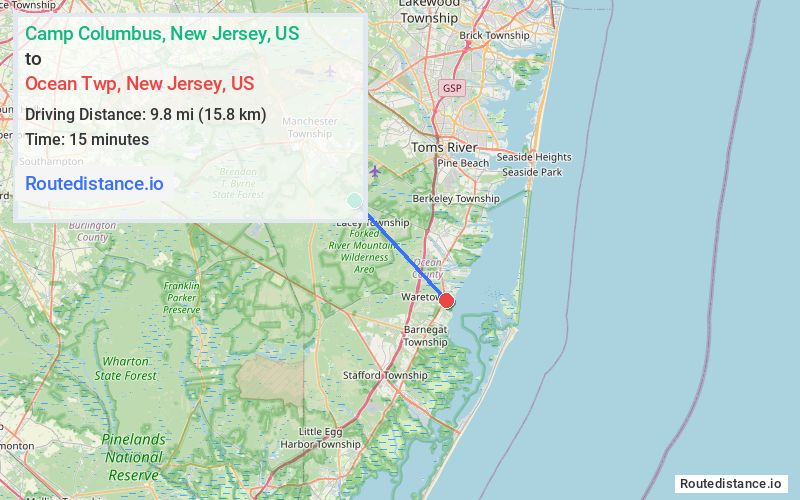 Route map from Camp Columbus to Ocean Twp